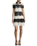 Short-Sleeve Striped Lace Dress, Avorio/Nero