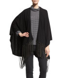 Open-Front Fringe-Trim Cape, Black