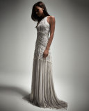 Sleeveless Metallic-Embellished Gown, Gray/Silver