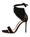 Fringe Suede Ankle-Wrap Sandal, Black