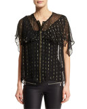 Tonia Metallic-Trim Sheer Chiffon Blouse, Black