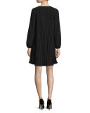 Long-Sleeve Plisse Shift Dress, Black