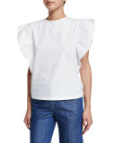 Butterfly-Sleeve Jewel-Neck Top, White