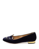 Kitty Velvet Cat-Embroidered Flat, Navy/Gold