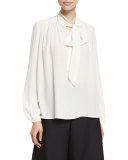 Pleated Tie-Neck Blouse, Ivory