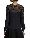 Lace-Illusion Tie-Neck Blouse, Dark Navy/Black