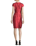 Cap-Sleeve Structured Floral Sheath Dress, Red