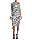 Sleeveless Floral-Embellished Sheath Dress, Black/Optic White