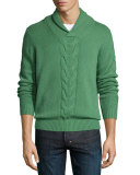 Cashmere Shawl-Collar Cable-Knit Pullover, Grass