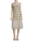 Sleeveless Sequin-Embroidered Tulle Cocktail Dress, Gold