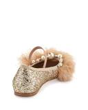 Feather-Trim Glitter Ballerina Flat