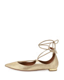 Christy Lace-Up Pointed-Toe Flat, Light Gold