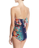 Floral-Print Tulle Ruffle One-Piece Bandeau Swimsuit, Blue