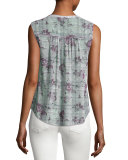 Finnegan Sleeveless Floral Plaid Silk Top, Gray
