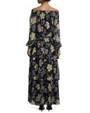 Indie Floral-Print Ruffle Smocked Dress, Black