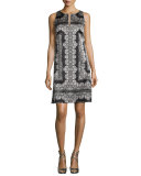 Sleeveless Silk Lace-Print Mini Dress, Black/White