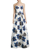Strapless Floral-Print Ball Gown, Sapphire
