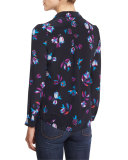 Silk Button-Front Bellflower Top, Navy/Multicolor