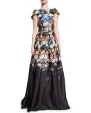Folded Cap-Sleeve Degrade Organza Gown, Black/Blue