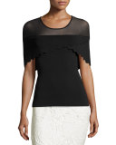 Scalloped Cape Ponte Illusion Top, Onyx