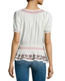 Winona Short-Sleeve Embroidered Top, Ivory