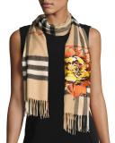 Floral Cashmere Check Scarf, Brown/Orange