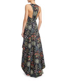 Aveena Sleeveless Floral-Print High-Low Gown 