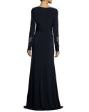 Beaded-Cuff Surplice Jersey Gown, Navy