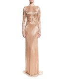 Beaded-Stripe Long-Sleeve Gown, Rose Gold