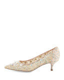 Crystal-Embellished Lace Low-Heel Pump, Lilac/Multi