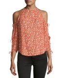 Flynn Cold-Shoulder Floral Silk Blouse, Red