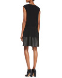 Waist-Tie Leather/Knit Combo Dress, Black