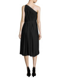 Rania One-Shoulder Belted Midi Dress, Black