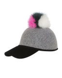 Sass Baseball Cap w/ Tricolor Fur Pom-Pom, Gray/Green/Pink/White