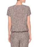 Short-Sleeve V-Neck Boucle Top, Camel/Gray