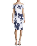 Off-the-Shoulder Blossom Cocktail Dress, Navy/White