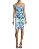 Sleeveless Ruched Water Lily Print Dress
