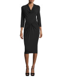 3/4-Sleeve Twist-Front Dress, Black