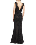 Sleeveless Embroidered Tulle Mermaid Gown, Black