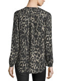 Long-Sleeve Silk Leopard Blouse, Clinton Leopard