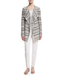 Belessa Striped Side-Slit Cardigan, Caviar/Alabaster
