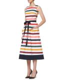 Sleeveless Striped Belted Midi Dress, Multicolor