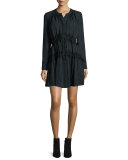 Moire Long-Sleeve Drawstring Dress, Teal