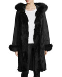 Hooded Silk Fur-Trim Coat, Black 