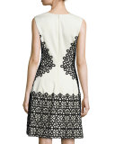 V-Neck Scroll Guipure Lace Dress, Ivory/Black
