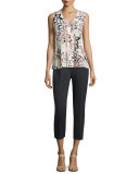 sleeveless v-neck pleated floral top, antilles bubbles
