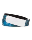 Men's Crocodile-Stamped Plaque Belt, Blue