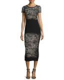 Short-Sleeve Abstract-Print Midi Dress, Nero 