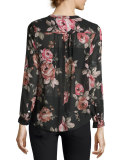 Meadows Floral-Print Pintuck Blouse, Caviar