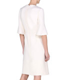 Trumpet-Sleeve Dress W/Floral Appliqué, White 